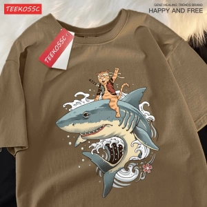 Y2k Vintage Tişört Tee Japon Harajuku sürme köpekbalığı kedi