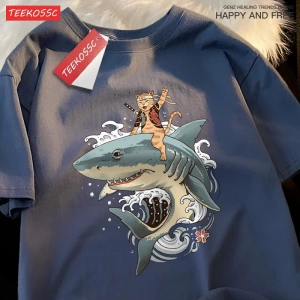 Y2k Vintage Tişört Tee Japon Harajuku sürme köpekbalığı kedi