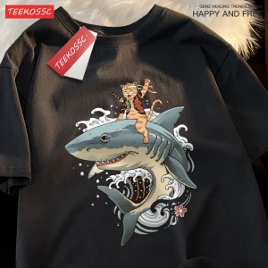 Y2k Vintage Tişört Tee Japon Harajuku sürme köpekbalığı kedi