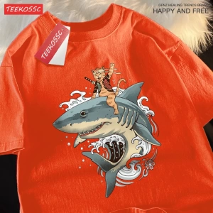 Y2k Vintage Tişört Tee Japon Harajuku sürme köpekbalığı kedi