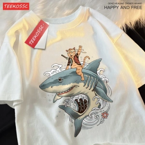 Y2k Vintage Tişört Tee Japon Harajuku sürme köpekbalığı kedi