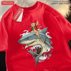 Y2k Vintage Tişört Tee Japon Harajuku sürme köpekbalığı kedi