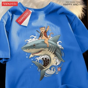 Y2k Vintage Tişört Tee Japon Harajuku sürme köpekbalığı kedi