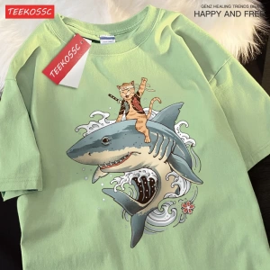 Y2k Vintage Tişört Tee Japon Harajuku sürme köpekbalığı kedi