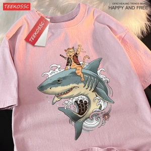 Y2k Vintage Tişört Tee Japon Harajuku sürme köpekbalığı kedi