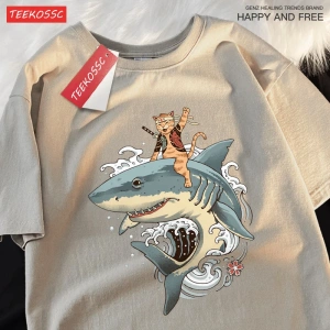 Y2k Vintage Tişört Tee Japon Harajuku sürme köpekbalığı kedi