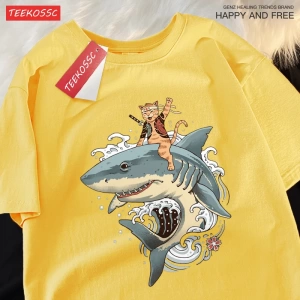 Y2k Vintage Tişört Tee Japon Harajuku sürme köpekbalığı kedi