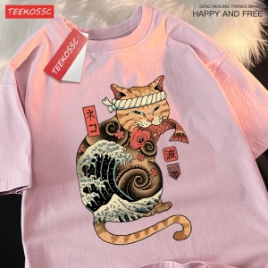 Y2k Vintage Tişört Tee Japon Harajuku ukiyo-e kedi