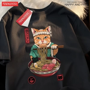 Y2k Vintage Tişört Tee Japon Harajuku yeme erişte kedi