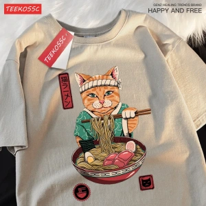 Y2k Vintage Tişört Tee Japon Harajuku yeme erişte kedi