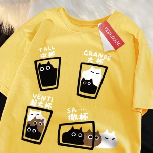 Y2k Vintage Tişört Tee Kahve fincanı eğlenceli kedi baskı