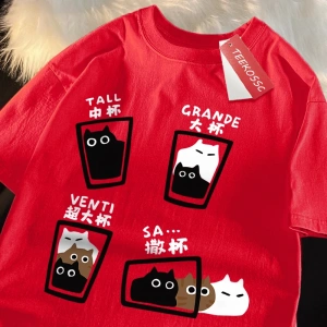 Y2k Vintage Tişört Tee Kahve fincanı eğlenceli kedi baskı