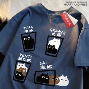 Y2k Vintage Tişört Tee Kahve fincanı eğlenceli kedi baskı