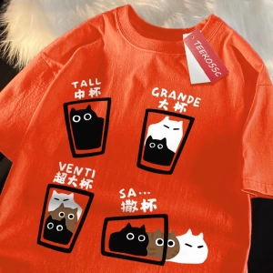 Y2k Vintage Tişört Tee Kahve fincanı eğlenceli kedi baskı