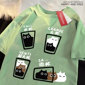 Y2k Vintage Tişört Tee Kahve fincanı eğlenceli kedi baskı