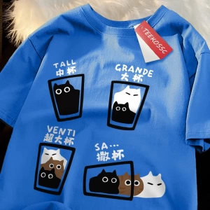 Y2k Vintage Tişört Tee Kahve fincanı eğlenceli kedi baskı