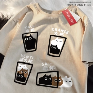 Y2k Vintage Tişört Tee Kahve fincanı eğlenceli kedi baskı