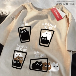 Y2k Vintage Tişört Tee Kahve fincanı eğlenceli kedi baskı