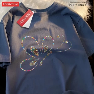 Y2k Vintage Tişört Tee Renkli boncuklar uçan kelebekler