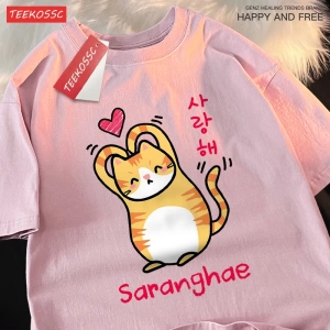 Y2k Vintage Tişört Tee Saranghae karikatür sevimli dolum yavru