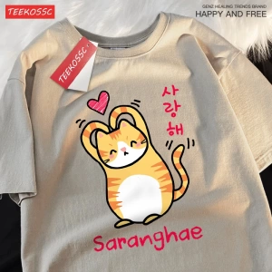 Y2k Vintage Tişört Tee Saranghae karikatür sevimli dolum yavru