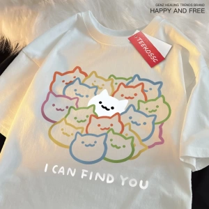 Y2k Vintage Tişört Tee Seni bulabilirim eğlenceli kedi baskı