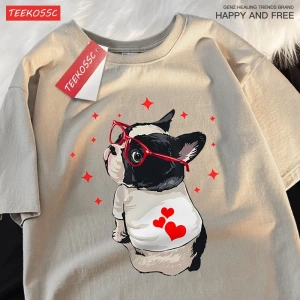 Y2k Vintage Tişört Tee Sevimli köpek geri bakmak baskı
