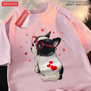Y2k Vintage Tişört Tee Sevimli köpek geri bakmak baskı