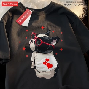 Y2k Vintage Tişört Tee Sevimli köpek geri bakmak baskı