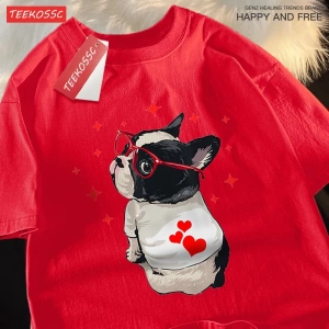 Y2k Vintage Tişört Tee Sevimli köpek geri bakmak baskı