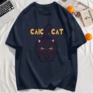 Y2k Vintage Tişört Tee Siyah Tombul Küçük Kedi Tasarım