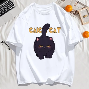 Y2k Vintage Tişört Tee Siyah Tombul Küçük Kedi Tasarım