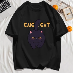 Y2k Vintage Tişört Tee Siyah Tombul Küçük Kedi Tasarım
