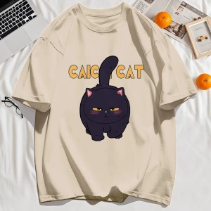 Y2k Vintage Tişört Tee Siyah Tombul Küçük Kedi Tasarım