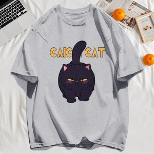 Y2k Vintage Tişört Tee Siyah Tombul Küçük Kedi Tasarım