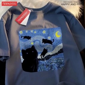 Y2k Vintage Tişört Tee Yağlıboya yıldızlı kedi gece