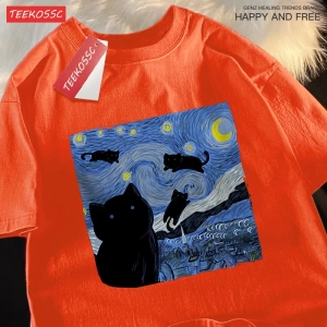 Y2k Vintage Tişört Tee Yağlıboya yıldızlı kedi gece