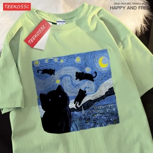 Y2k Vintage Tişört Tee Yağlıboya yıldızlı kedi gece
