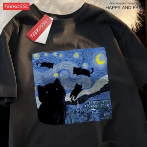 Y2k Vintage Tişört Tee Yağlıboya yıldızlı kedi gece