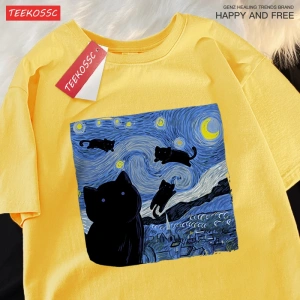 Y2k Vintage Tişört Tee Yağlıboya yıldızlı kedi gece