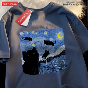 Y2k Vintage Tişört Tee Yağlıboya yıldızlı kedi gece