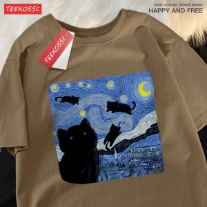 Y2k Vintage Tişört Tee Yağlıboya yıldızlı kedi gece