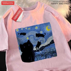 Y2k Vintage Tişört Tee Yağlıboya yıldızlı kedi gece