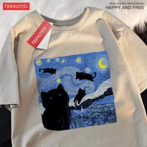 Y2k Vintage Tişört Tee Yağlıboya yıldızlı kedi gece