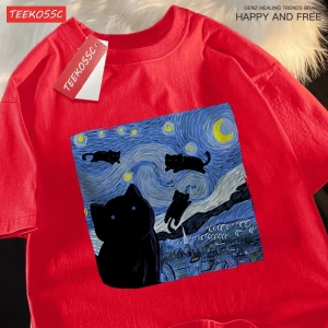 Y2k Vintage Tişört Tee Yağlıboya yıldızlı kedi gece