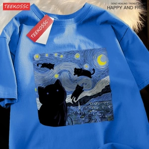 Y2k Vintage Tişört Tee Yağlıboya yıldızlı kedi gece