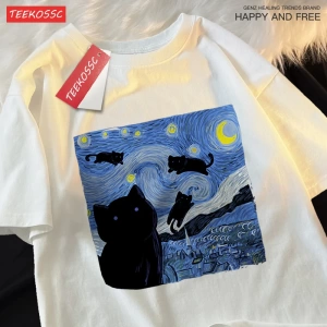 Y2k Vintage Tişört Tee Yağlıboya yıldızlı kedi gece