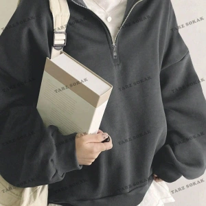 Y2K Yarım Fermuarlı Bay Sweatshirt Gri