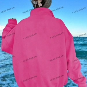 Y2K Yarım Fermuarlı Bay Sweatshirt Pembe