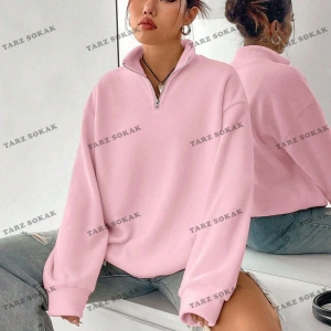 Y2K Yarım Fermuarlı Bay Sweatshirt Pembe